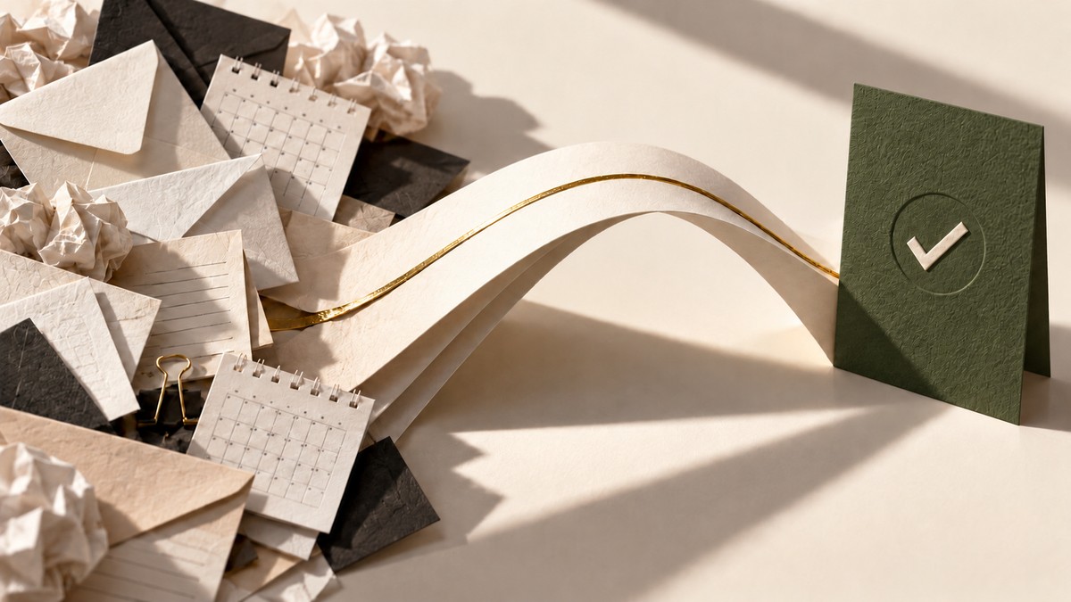 A sculptural paper bridge with a gold seam connects scattered envelopes and notes to one moss-green action card with an ivory checkmark