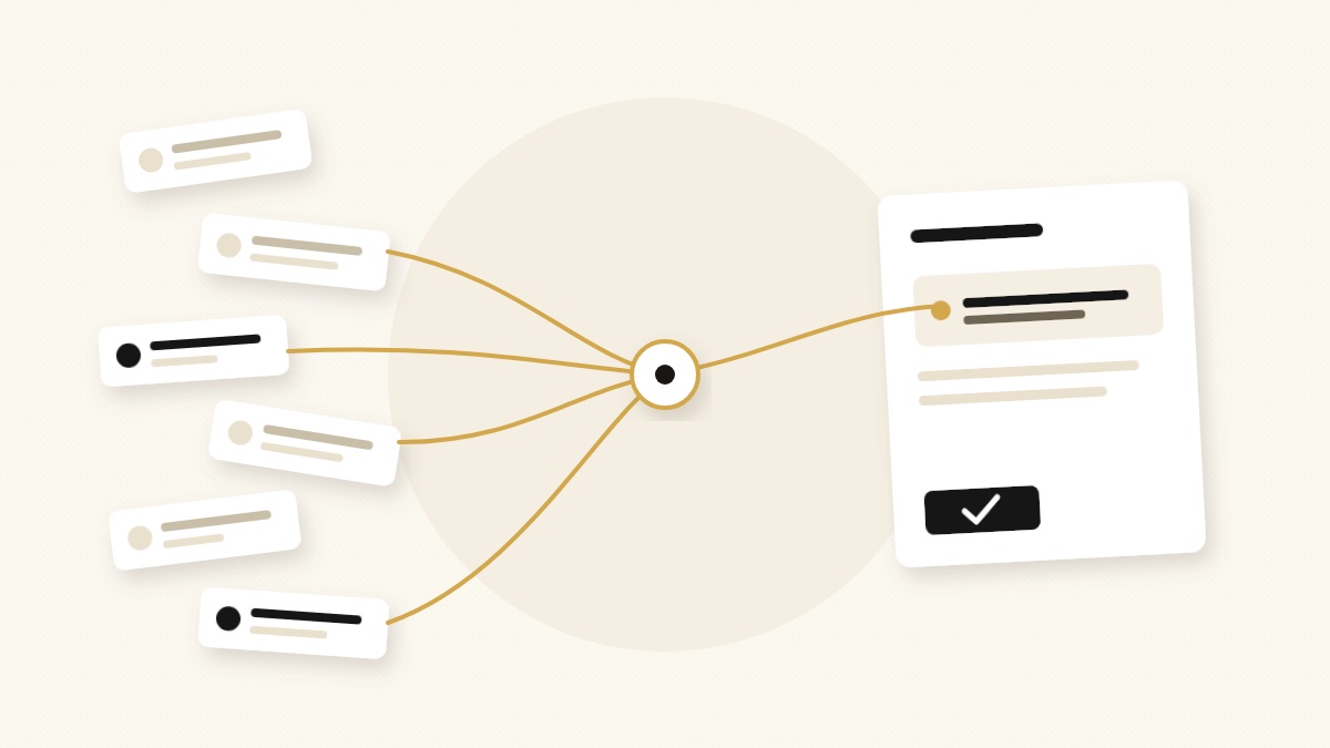 Many small notification cards on the left narrowing through a gold thread into one short brief with a single highlighted item