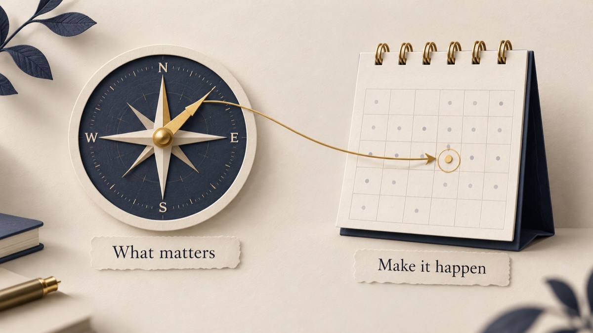 A compass connected to a calendar, illustrating priorities and coordination