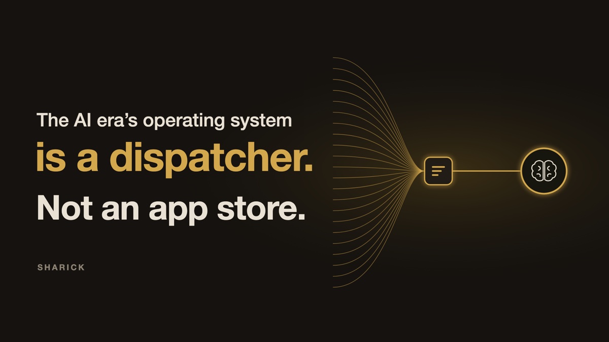 The AI era’s operating system is a dispatcher. Not an app store. Many gold lines converge on one dispatcher, then a single line reaches a brain.