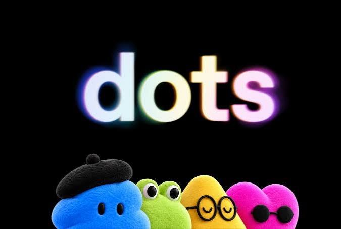 The dots wordmark glowing above four fluffy characters: a blue one in a beret, a green frog, a yellow one with round glasses and a pink heart in sunglasses