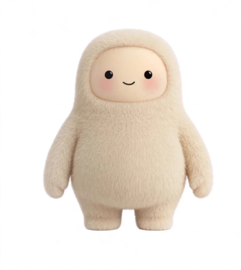 A soft, fluffy cream-colored character with a round smiling face
