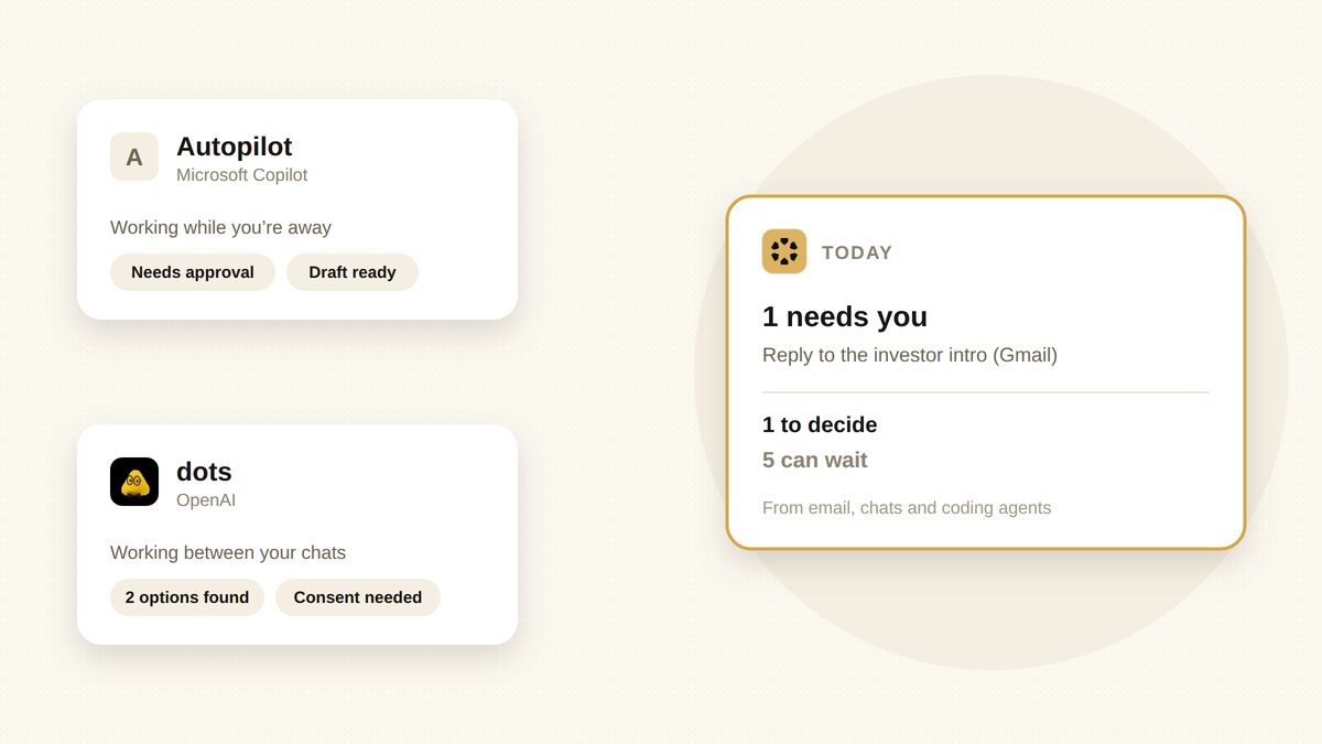 Two always-on agent cards, one for Microsoft Autopilot and one for OpenAI dots, each with work waiting for approval, beside one short Sharick brief that narrows a day’s handbacks to what needs you