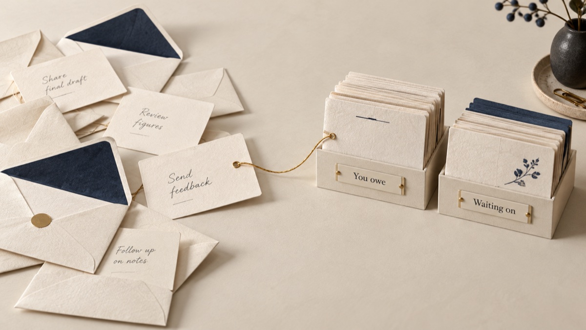 Email promises organized into You owe and Waiting on cards, connected by a gold thread