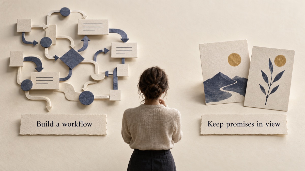 A person considering a branching workflow and two focused work cards