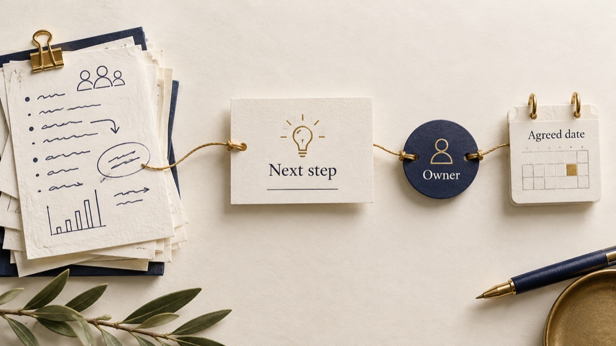 Meeting notes becoming clear commitment cards connected by a gold thread