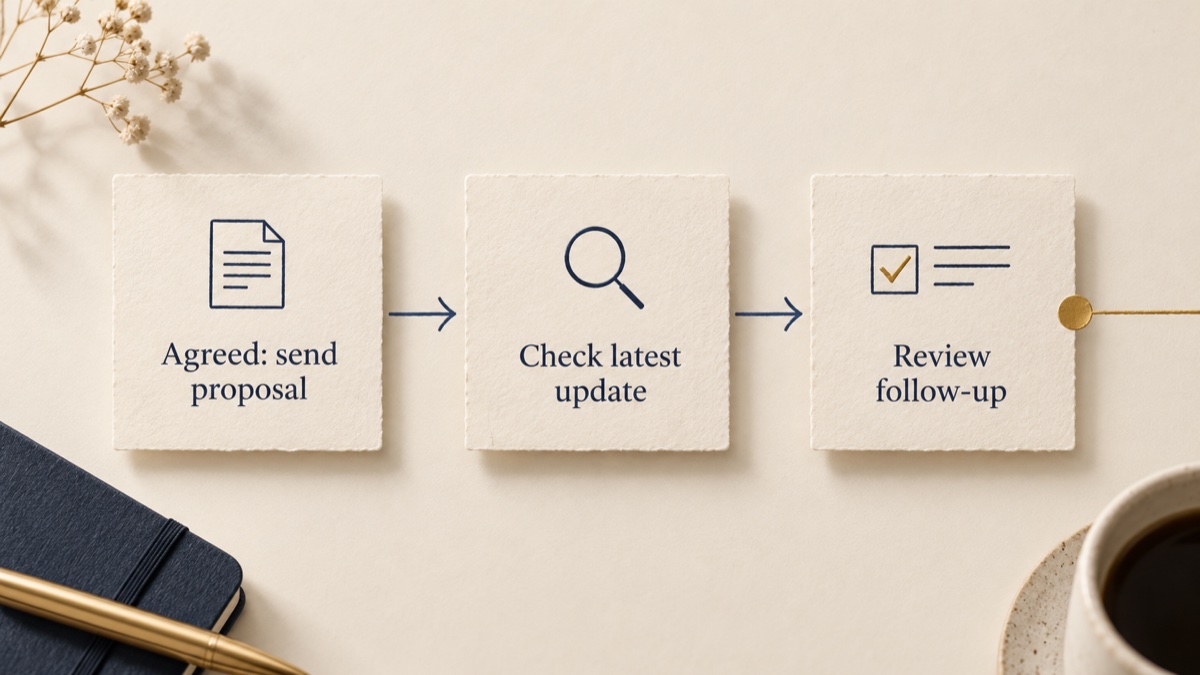 A meeting agreement is checked against recent updates before a follow-up draft is reviewed