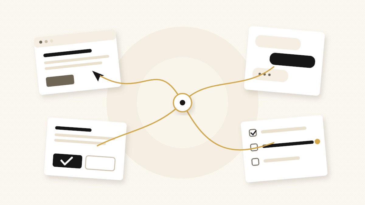 Paper cards showing a browser window, a chat, an approval button and a checklist, joined at the center by one gold thread