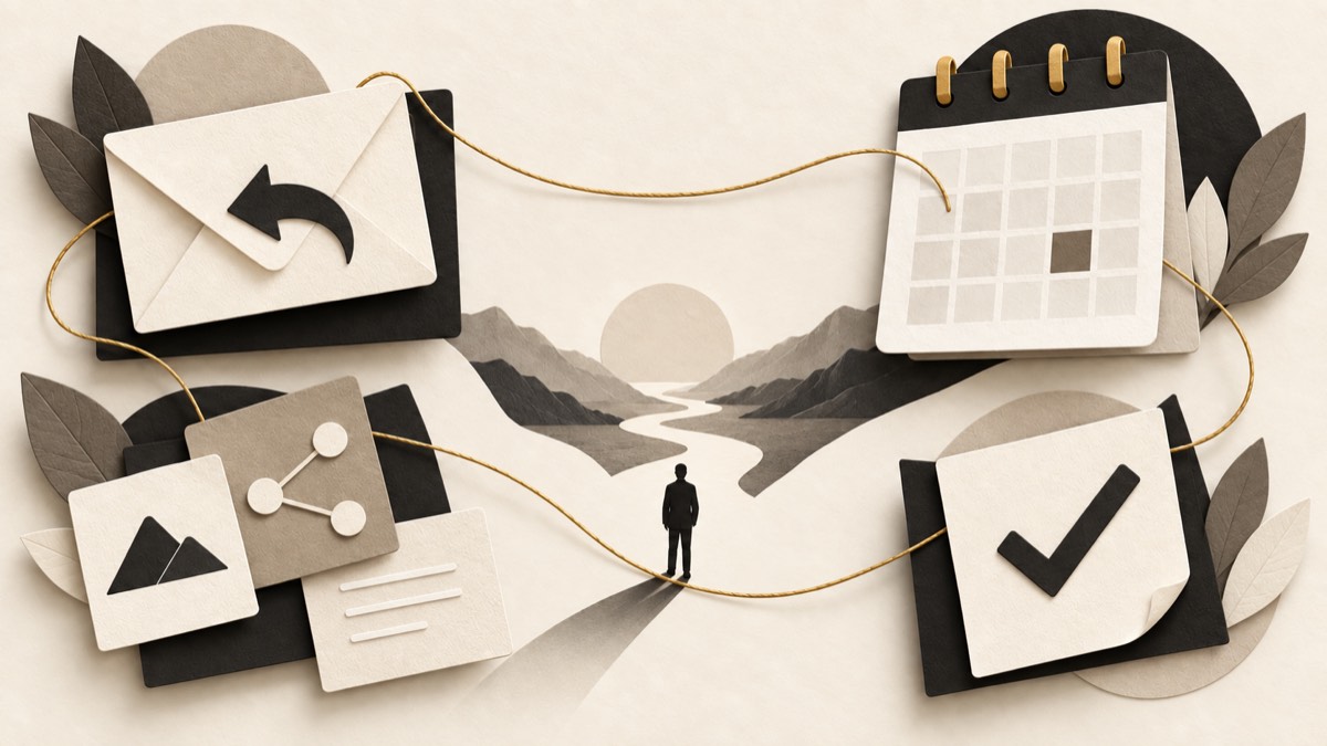 Paper-cut illustration of email, a calendar, connected knowledge and a completed task linked by a gold thread