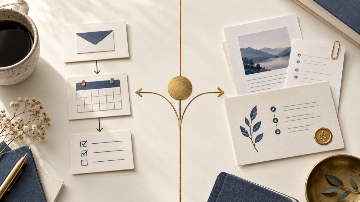 Two paper workflows with email, calendar and briefing cards beside a central choice